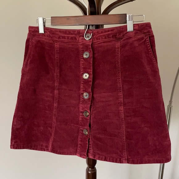 Dark red corduroy A line button down mini skirt - Picture 2 of 7
